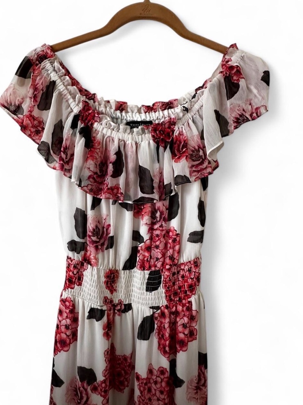White House Black Market White Off-Shoulder Tunic with Pink Floral